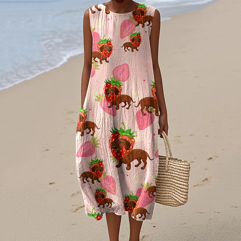 Retro Cute Dachshund Sausage Dog Art Linen Tank Midi Dress artswardrobe