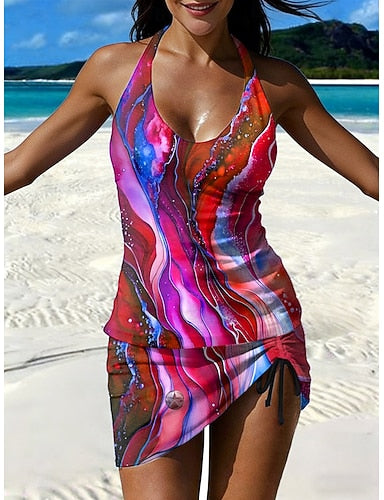 Swimwear Tankini Skirt Swimsuit Vacation Graphic Geometric Halter Neck Sleeveless Bathing Suits