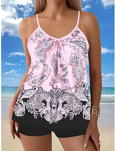 Tankini 2 Piece Swimsuit Shorts Tummy Control High Waist Slim Backless Vacation Beach Wear Paisley U Neck Sleeveless Bathing Suits