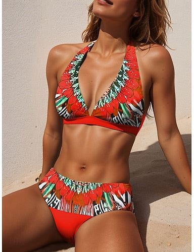 Bikini 2 Piece Swimsuit Cheeky Halter Graphic Animal Plunge Sleeveless Bathing Suits