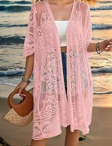 Swimwear Cover Up Swimsuit Lace Vacation Beach Wear Plain V Neck Long Sleeve Bathing Suits