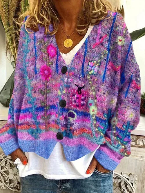 Cardigan en laine à boutonnage floral multicolore