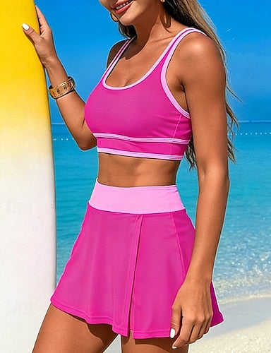 Tankini 2 Pieces Swimsuits Color-blocking Elastic Sleeveless Swimwear Surfing Snorkeling Swimming Summer