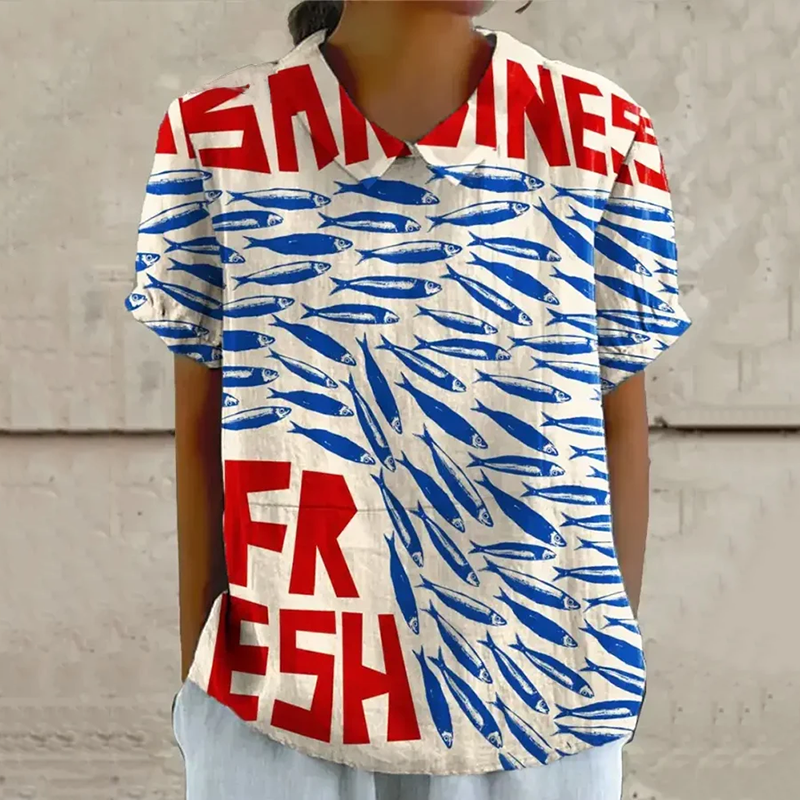 Comstylish Retro Sardines Forever Fish Art Pattern Printed Casual Women's Cotton Linen Shirt
