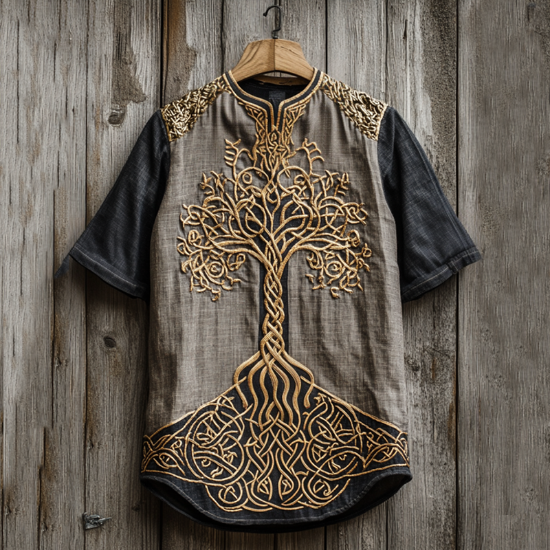 Men's Viking Tribal Tree Of Life With Celtic Knotwork Embroidered Art Linen Round Neck T-shirt artswardrobe