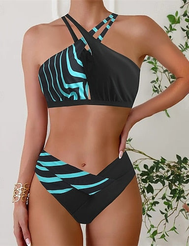 Tankini Two Piece Swimsuit Halter Backless Swimwear Leopard Print Swimwear Blue Black Quick Dry Lightweight Breathable Sleeveless - Surfing Beach Swimming Summer Spring