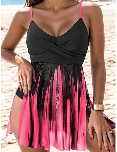 Tankini 2 Piece Swimsuit Cheeky Tummy Control High Waist Slim Backless Vacation Beach Wear Ombre Graphic V Neck Sleeveless Bathing Suits