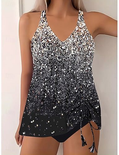 Tankini 2 Piece Swimsuit Cheeky Tummy Control High Waist Slim Backless Vacation Beach Wear Ombre Butterfly V Neck Sleeveless Bathing Suits