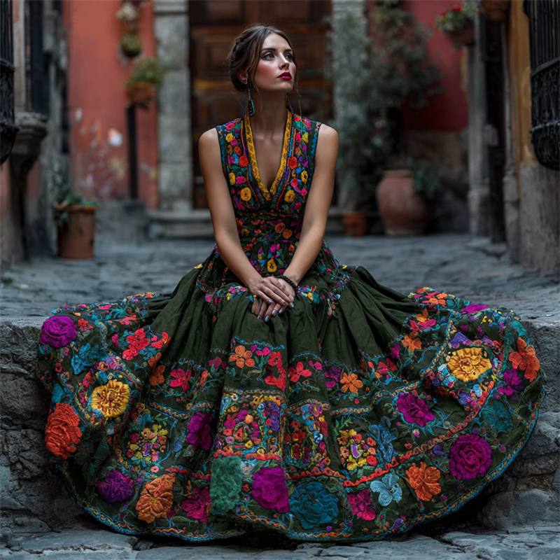Comstylish Day Of The Dead Mexican Floral Embroidered Linen Maxi Dress