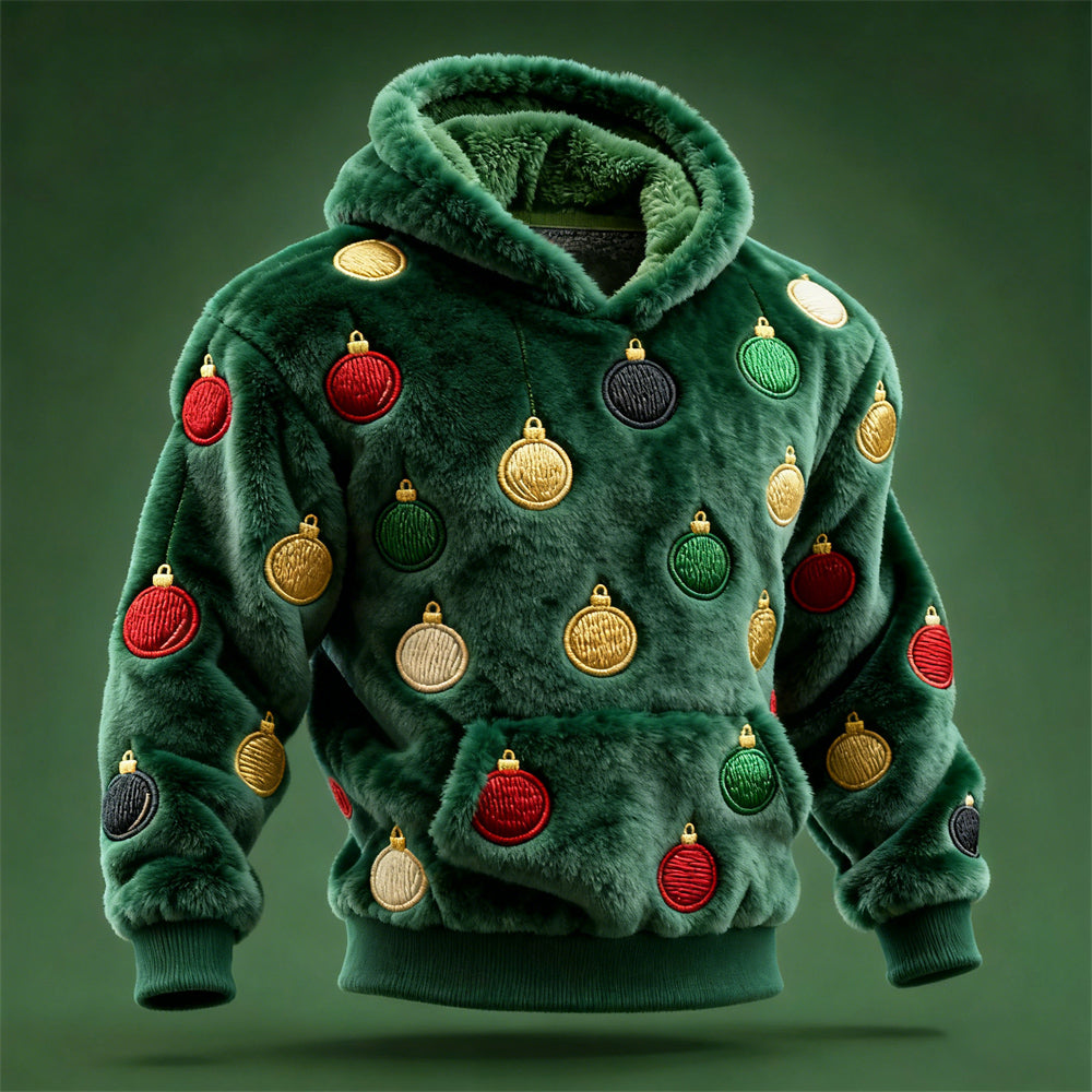 Comstylish Christmas Baubles Embroidered Design Men's Hooded Flannel Sweatshirt