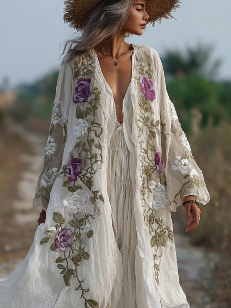 Comstylish Bohemian Style Plant And Flower Embroidery Printed Women's Cotton And Linen Long Cardigan