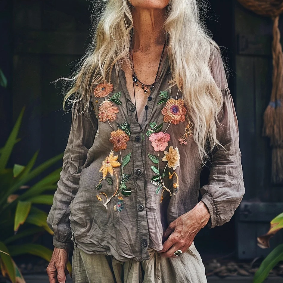 Bohemian Style Linen Floral Art Print Long Sleeve Loose Shirt artswardrobe