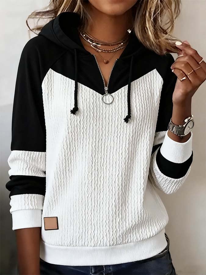 Women'S Casual Contrast Color Long-Sleeved Hooded Sweatshirt