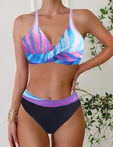 Swimwear 2 Piece Cheeky Swimsuit Backless Vacation Beach Wear Tie Dye V Neck Sleeveless Bathing Suits