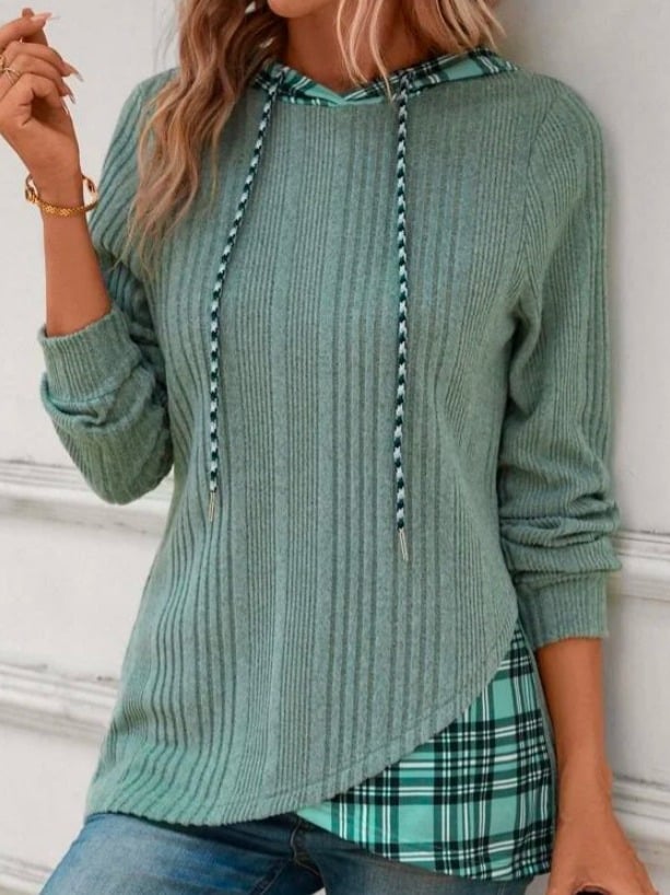 Women's Knitted Hooded Long Sleeve Sweatshirt with Color Block and Jacquard Design