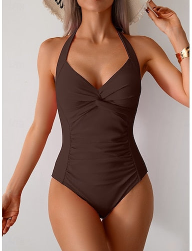 One Piece Swimsuit Slimming Ruched Monokini Tummy Control High Waist Slim Backless Vacation Beach Wear Color Halter Neck Sleeveless Bathing Suits