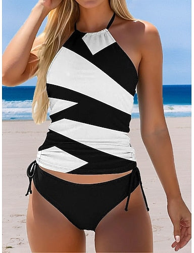 Tankini 2 Piece Swimsuit Ruched Colorblock Cheeky Backless Vacation Beach Wear Color Block Halter Neck Sleeveless Bathing Suits