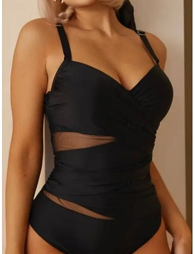 One Piece Swimsuit Slimming Cutout Monokini Tummy Control High Waist Slim Backless Vacation Beach Wear Color V Neck Sleeveless Bathing Suits