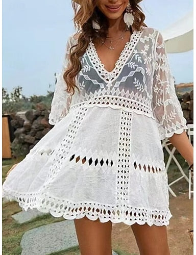 Swimwear Cover Up Swim Dress Swimsuit Cut Out Vacation Beach Wear Color V Neck Long Sleeve Bathing Suits