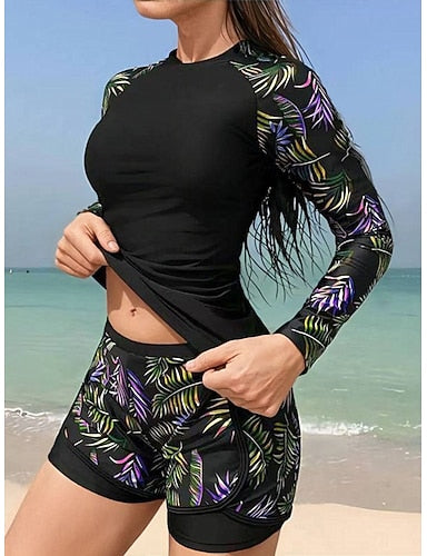 Tankini 2 Piece Swimsuit Palm High Waist Tummy Control High Waist Slim Vacation Beach Wear Leaves Round Neck Long Sleeve Bathing Suits