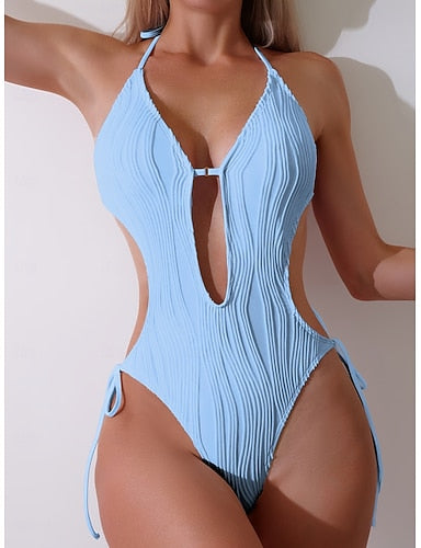 One Piece Swimsuit Cutout Underwire Monokini Tummy Control High Waist Slim Backless Vacation Beach Wear Color Halter Neck Sleeveless Bathing Suits