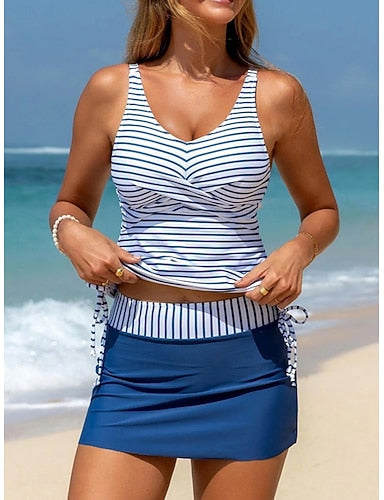 Swimwear Tankini 2 Piece Skirt Swimsuit Tummy Control High Waist Slim Backless Vacation Beach Wear Striped V Neck Sleeveless Bathing Suits