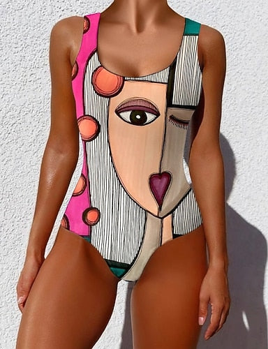 One Piece Swimsuit Slimming Monokini Briefs Tummy Control High Waist Slim Backless Vacation Ombre Graphic U Neck Sleeveless Bathing Suits