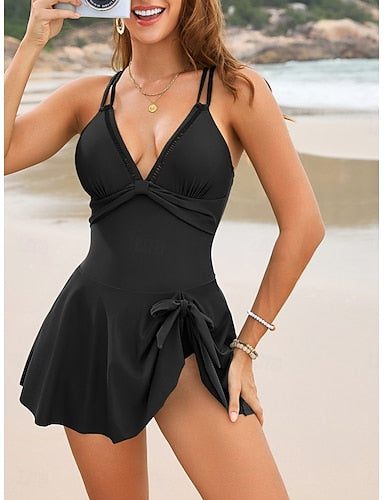 Swimwear Tankini 2 Piece Swimsuit Tummy Control High Waist Slim Backless Vacation Beach Wear Color V Neck Sleeveless Bathing Suits