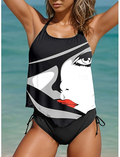 Tankini 2 Piece Swimsuit Cheeky Backless Vacation Beach Wear Graphic Color Block Halter Neck Sleeveless Bathing Suits