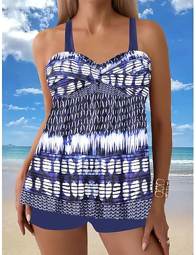 Tankini 2 Piece Swimsuit Shorts Tummy Control High Waist Slim Backless Vacation Beach Wear Geometric Striped V Neck Sleeveless Bathing Suits