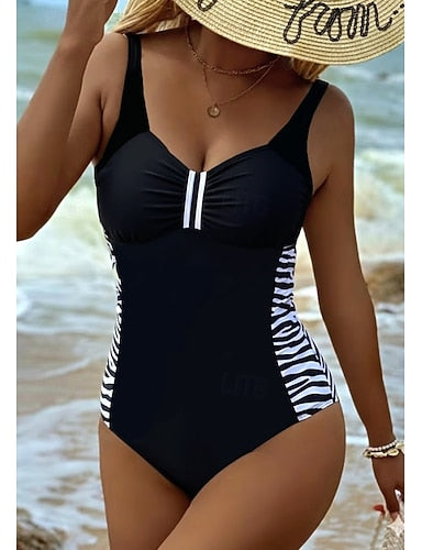 One Piece Swimsuit Slimming Ruched Underwire Briefs Vacation Geometic V Neck Sleeveless Bathing Suits