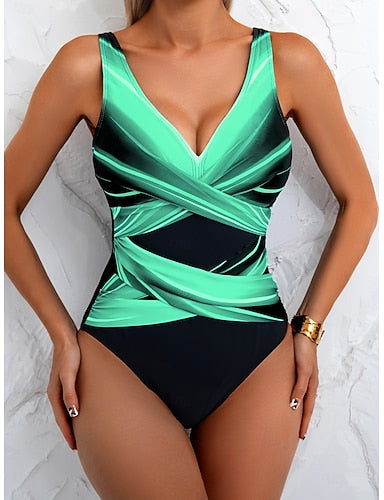 One Piece Swimsuit Slimming Ruched Monokini Briefs Tummy Control High Waist Slim Vacation Ombre Graphic V Neck Sleeveless Bathing Suits
