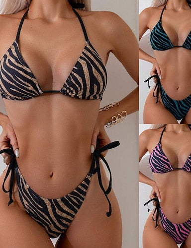 Bikini 2 Piece Swimsuit Thong Slim Backless Vacation Beach Wear Stripe Halter Neck Sleeveless Bathing Suits