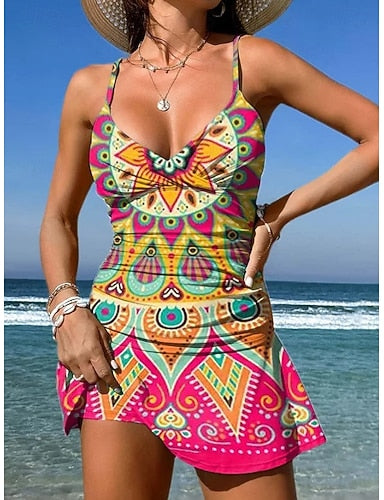 Swimwear One Piece Skirt Swimsuit Vacation Graphic Geometric V Neck Sleeveless Bathing Suits