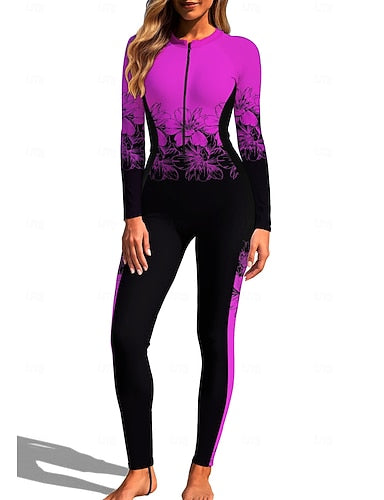 Regular Rash Guard Full Body Rash Guard One Piece Surfing Suit Tropical Color-blocking Zip Up With Built in Bra Front Zip Uv Sun Protection Full Coverage Upf50+ Long Sleeve Full Body
