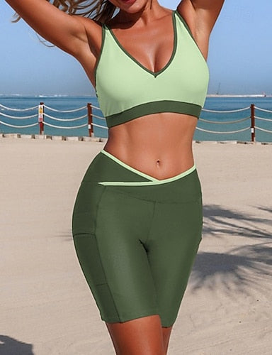 Bikini Sets Bathing Suit 2 Pieces Color-blocking Elastic Sleeveless Swimwear Surfing Beach Vacation Summer