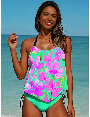 Swimwear Tankini 2 Piece Briefs Swimsuit Backless Vacation Beach Wear Graphic Halter Neck Sleeveless Bathing Suits