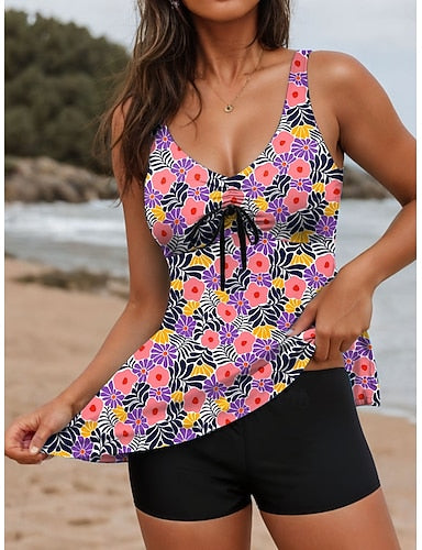 Tankini 2 Piece Swimsuit Palm Boy Leg Backless Tummy Control High Waist Slim Vacation Beach Wear U Neck Sleeveless Bathing Suits