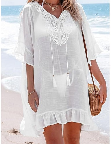 Mini Dress White Dress Beach Dress a Line Dress Cover Up Flare Cuff Sleeve Daily Outdoor Beach Loose Fit Plain Half Sleeve V Neck White Summer Spring