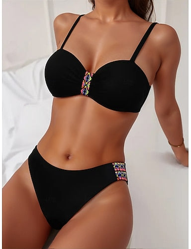 Swimwear Bikini 2 Piece Cheeky Swimsuit Slim Backless Vacation Beach Wear Color V Neck Sleeveless Bathing Suits
