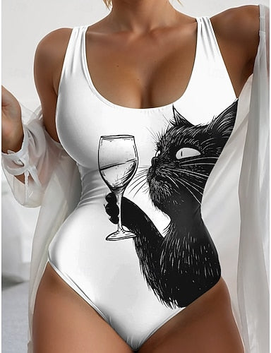 One Piece Swimsuit Slimming Monokini Backless Tummy Control High Waist Slim Vacation Beach Wear Cat U Neck Sleeveless Bathing Suits