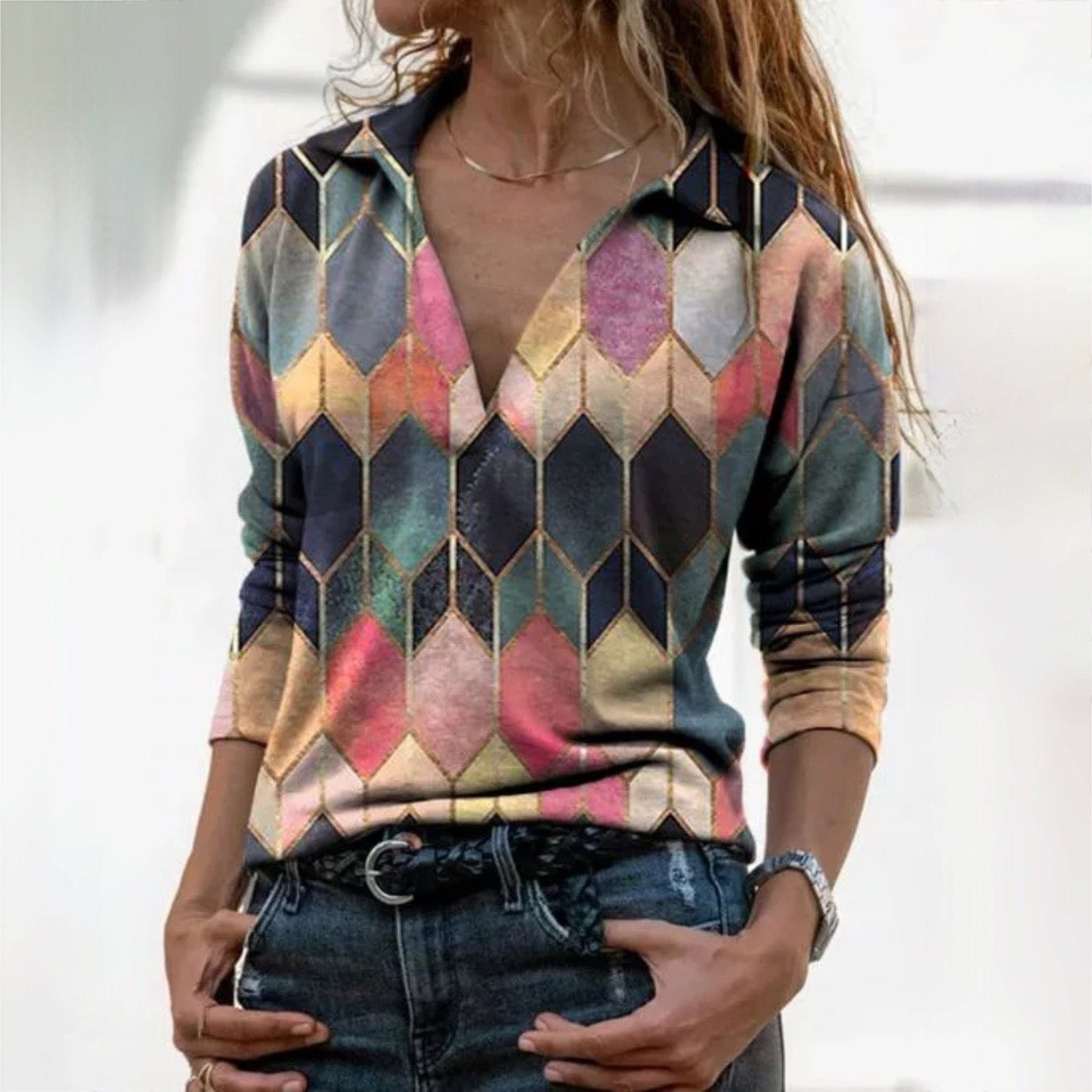EP | Elégant pull-over à imprimé géométrique et décolleté en V