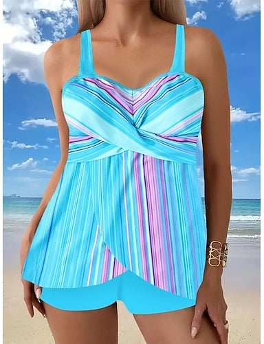Tankini 2 Piece Swimsuit Shorts Tummy Control High Waist Slim Backless Vacation Beach Wear Ombre Striped V Neck Sleeveless Bathing Suits