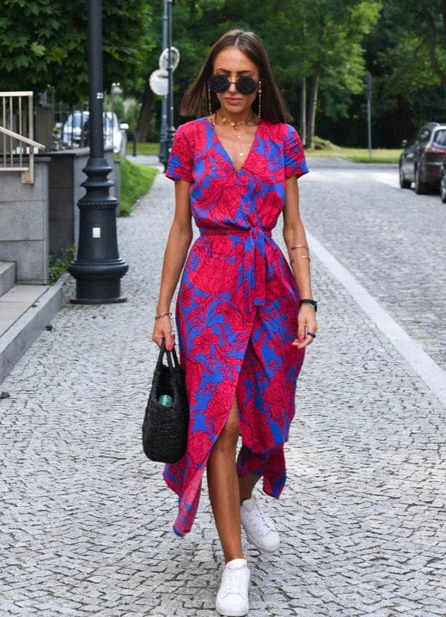 SL | Elégante robe midi d'été à fleurs multicolores