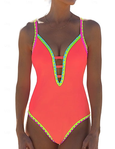 One Piece Swimsuit Slimming Cutout Monokini High Cut Tummy Control High Waist Slim Backless Vacation Beach Wear Color Block V Neck Sleeveless Bathing Suits