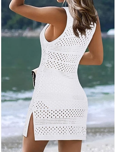 Cover Up Swimsuit Dress Cut Out Knit Vacation Beach Wear Color V Neck Sleeveless Bathing Suits