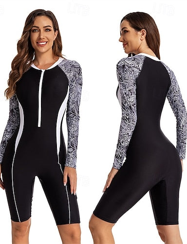 Rash Guard One Piece Swimsuit Printed Front Zip Spandex Uv Sun Protection Upf50+ Quick Dry Long Sleeve Bodysuit Bathing Suit Surfing Beach Water Sports Summer