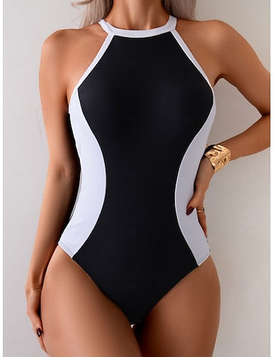 One Piece Swimsuit Slimming Colorblock Monokini Briefs Tummy Control High Waist Slim Vacation Color Halter Neck Sleeveless Bathing Suits