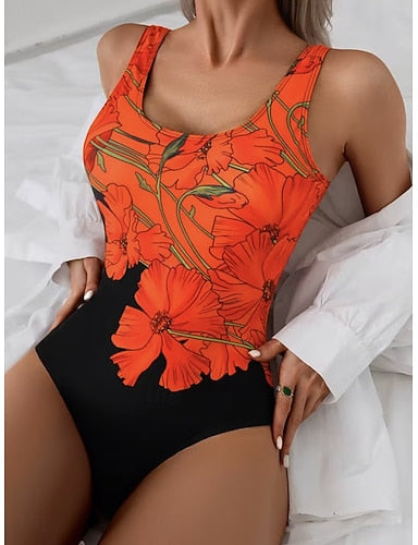 Swimwear One Piece Briefs Swimsuit Vacation Graphic Round Neck Sleeveless Bathing Suits