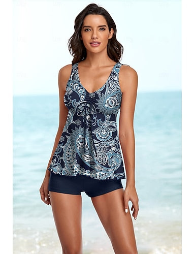 Swimwear Tankini Swimsuit Retro Tropical Sleeveless Bathing Suits